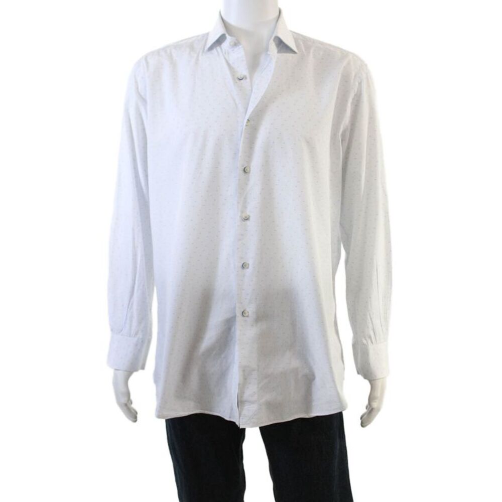 XACUS Mens Button Front Long Sleeve Pinstriped Shirt White Blue Cotton Size 17